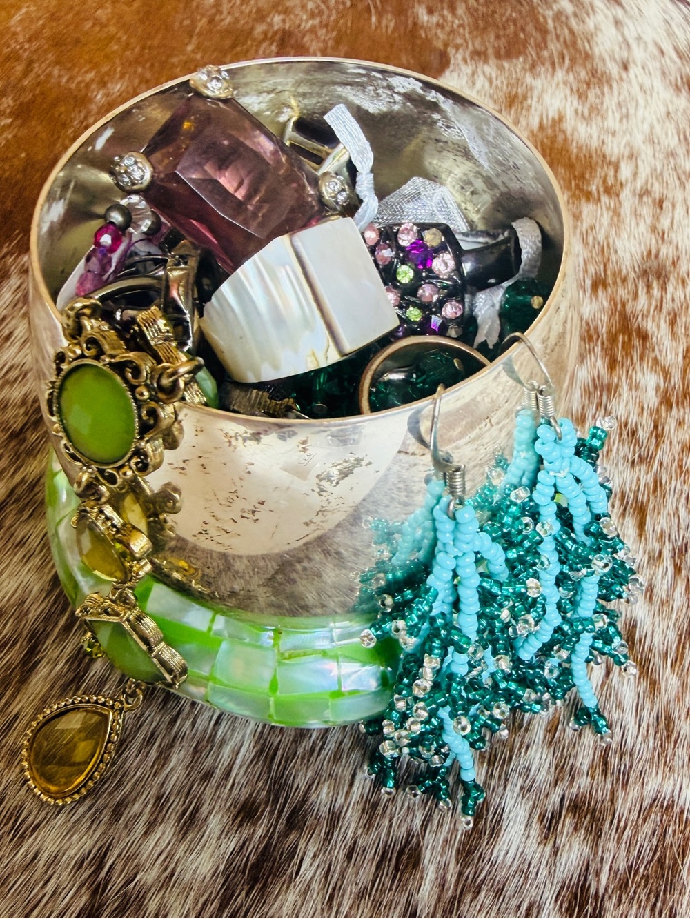 Vintage Silver-Tone Bowl with Turquoise Beaded Earrings and Green Accents